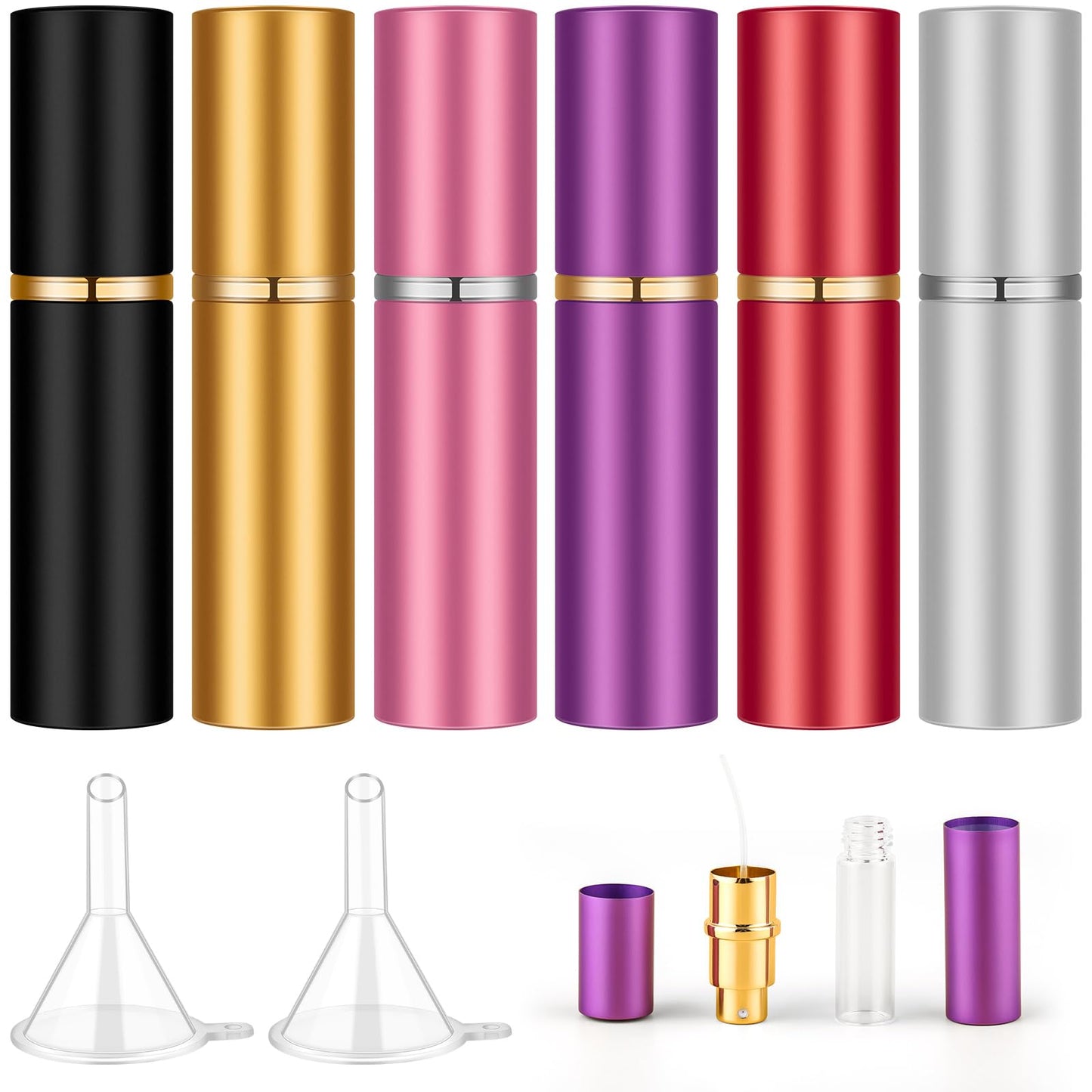 Domensi 6 Pcs Lipstick Flask 0.17 oz Fake Funny Lipstick Flask Portable Leakproof Drinking with 2 Funnels for Party Gifts, Cruise Activities, Pink, Purple, Black, Gold, Silver and Red