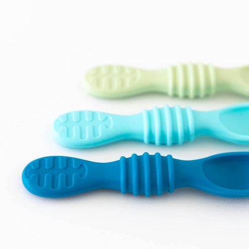 Bumkins Baby Utensil Set - Silicone Trainer Spoons for Self-Feeding | Soft Tip, 3-Pack in Blue & Green