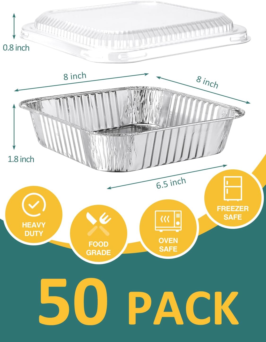 NEEBAKE 50 Pack 8x8 Aluminum Pans with Lids - Disposable Foil Baking Containers for Cakes & Bread