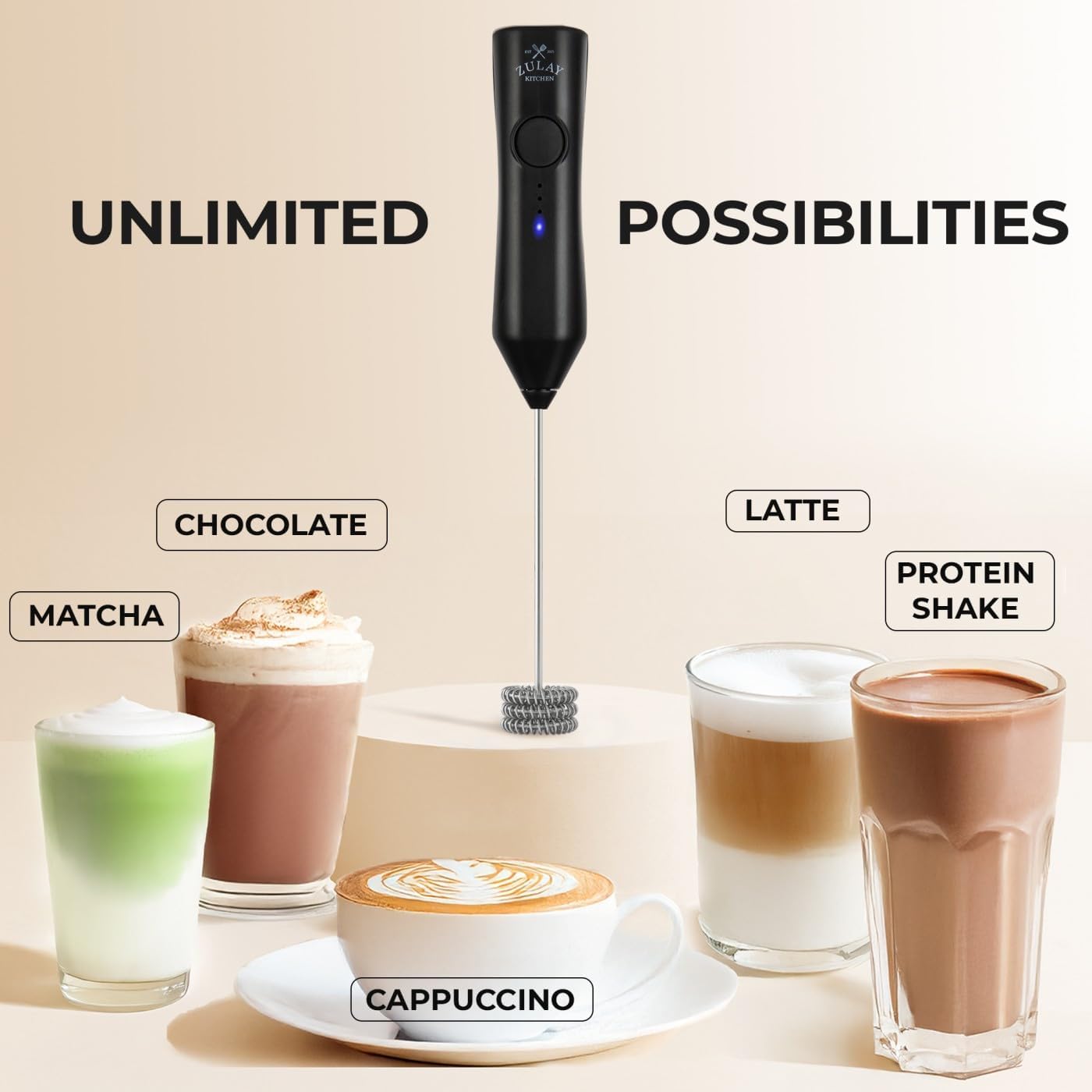 Zulay Kitchen Rechargeable Milk Frother - 3 Speeds & 3 Whisk Attachments - USB Charging for Lattes & Cappuccinos - Black