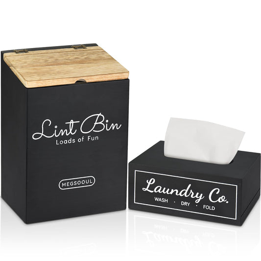 Megsooul Magnetic Lint Bin and Dryer Sheet Holder Set for Laundry Room, Farmhouse Wooden Lint Trash Can with Lid and Dryer Sheet Dispenser Box Magnetic for Mounting,Stylish Laundry Room Organization