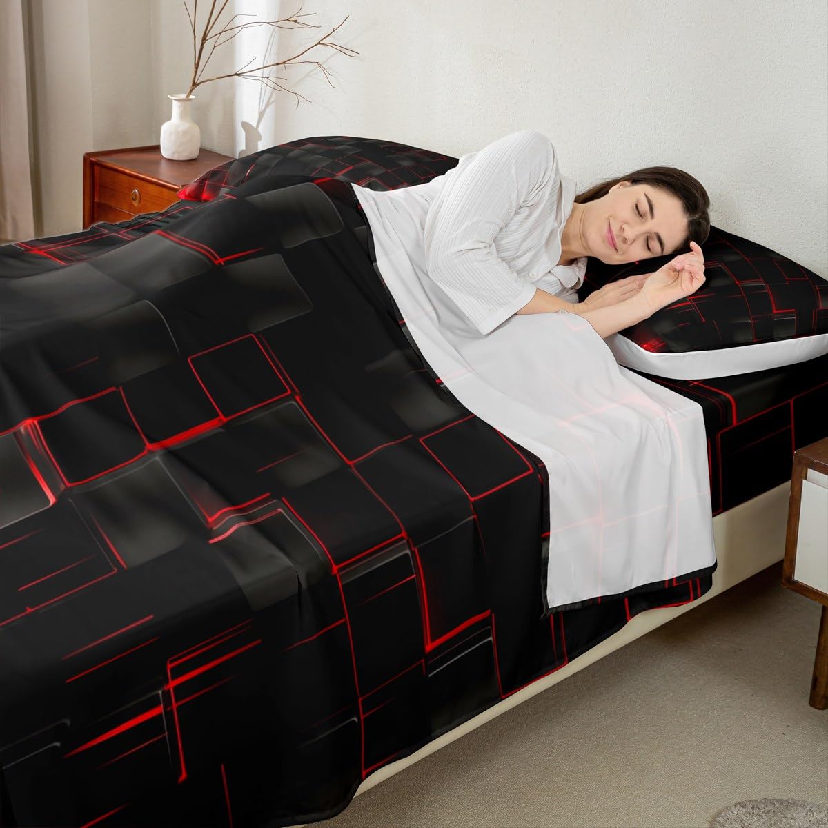 Manfei Abstract Sheet Set Full Size, Modern Geometric Square Grid Bedding Set for Kids Boy Girl Room Decor, Red and Black Bed Sheet Set 4pcs with Deep Pocket Fitted Sheet + Flat Sheet + 2 Pillowcases