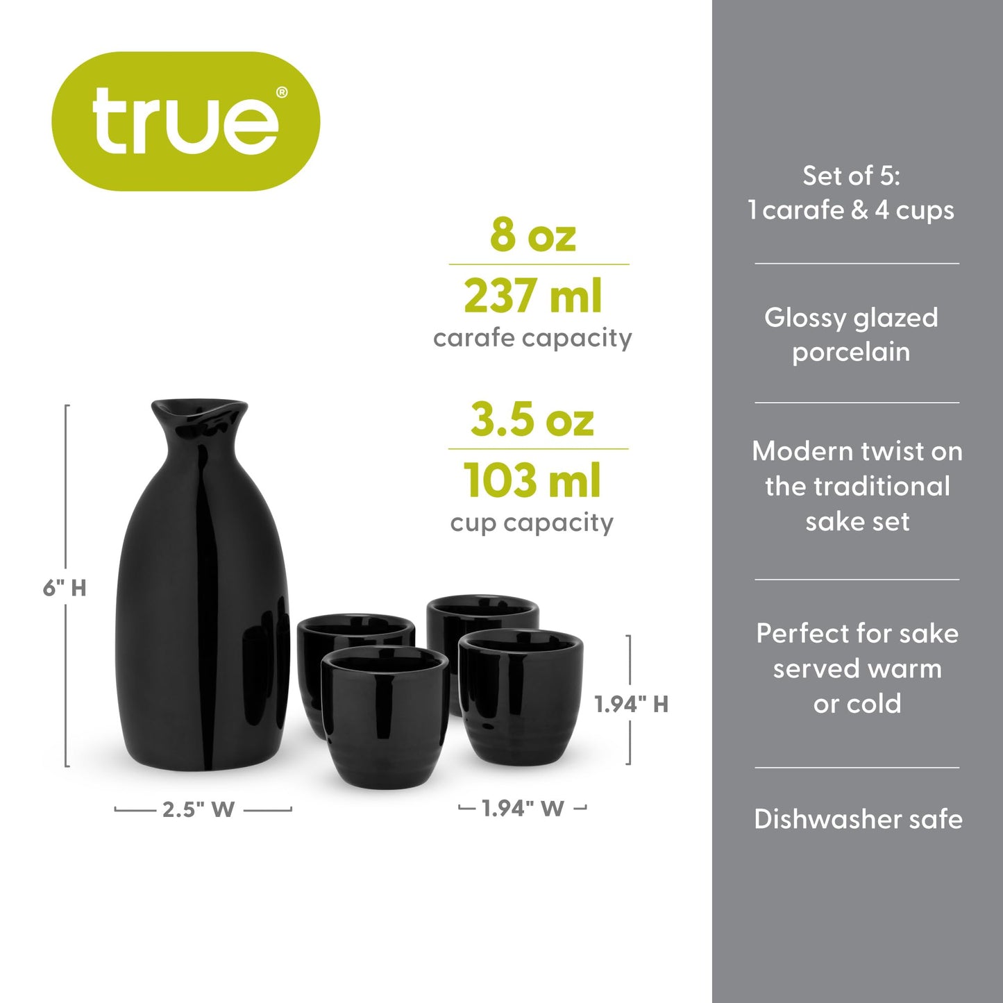 True Moga Sake Set, Pitcher and tumbler set for Sake, Japanese Style Sake Stoneware, Four 3.5 oz Cups and one 8 oz. Carafe, Fire glazed Porcelain, Set of 5, Black