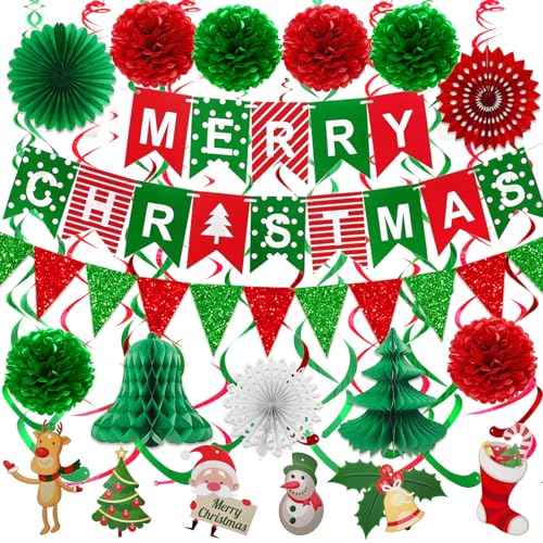 Fecedy MERRY CHRISTMAS Hanging Paper Banner Pom poms Paper flower Fan Swirl Streamers&Christmas tree Santa Claus Banner For Merry Christmas Party Decorations