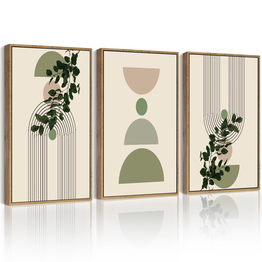 Drsoum 11x14in Green Botanical Boho Wall Decor Framed Modern Sage Bohemian Wall Art Abstract Geometry Canvas Prints Ready to Hang Brown Framed