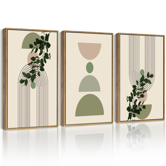 Drsoum 11x14in Green Botanical Boho Wall Decor Framed Modern Sage Bohemian Wall Art Abstract Geometry Canvas Prints Ready to Hang Brown Framed