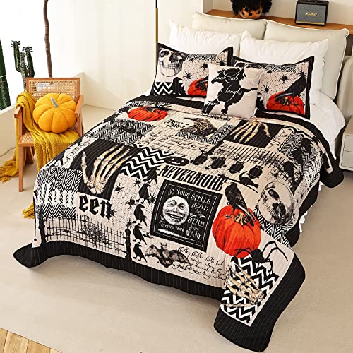 Cmfshape Halloween King Size Bedspread Set - Black Quilt with Pumpkin Ghosts, 4-Piece Bedding with Pillows