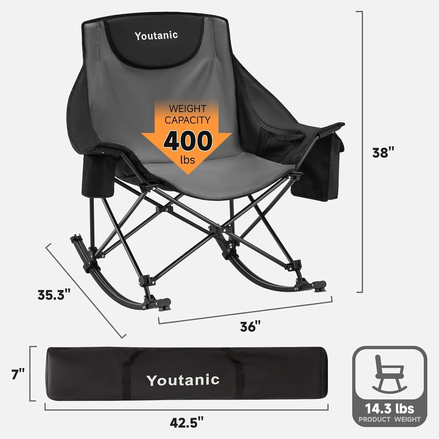 Youtanic Oversized Folding Rocking Camping Chair - Padded Portable Design with Cup Holder & Pockets | Heavy Duty Up to 400lbs, Gray