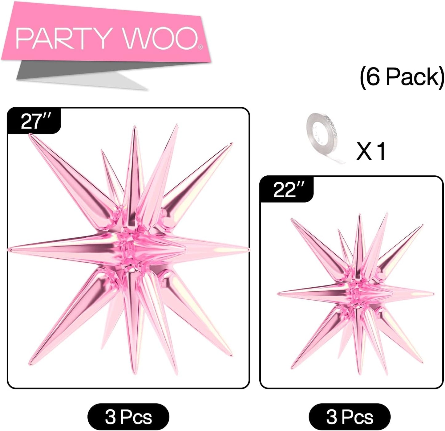 PartyWoo Pink Star Foil Balloons - 6-Piece Mylar Set for Birthday, Gender Reveal & Wedding Decor | 22-Inch