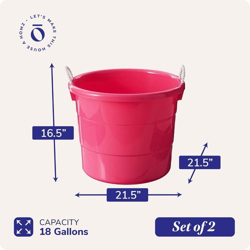 HOMZ Utility Tub - 18 Gallon Large Plastic Storage Bucket with Rope Handles | Pink for Indoor & Outdoor Use
