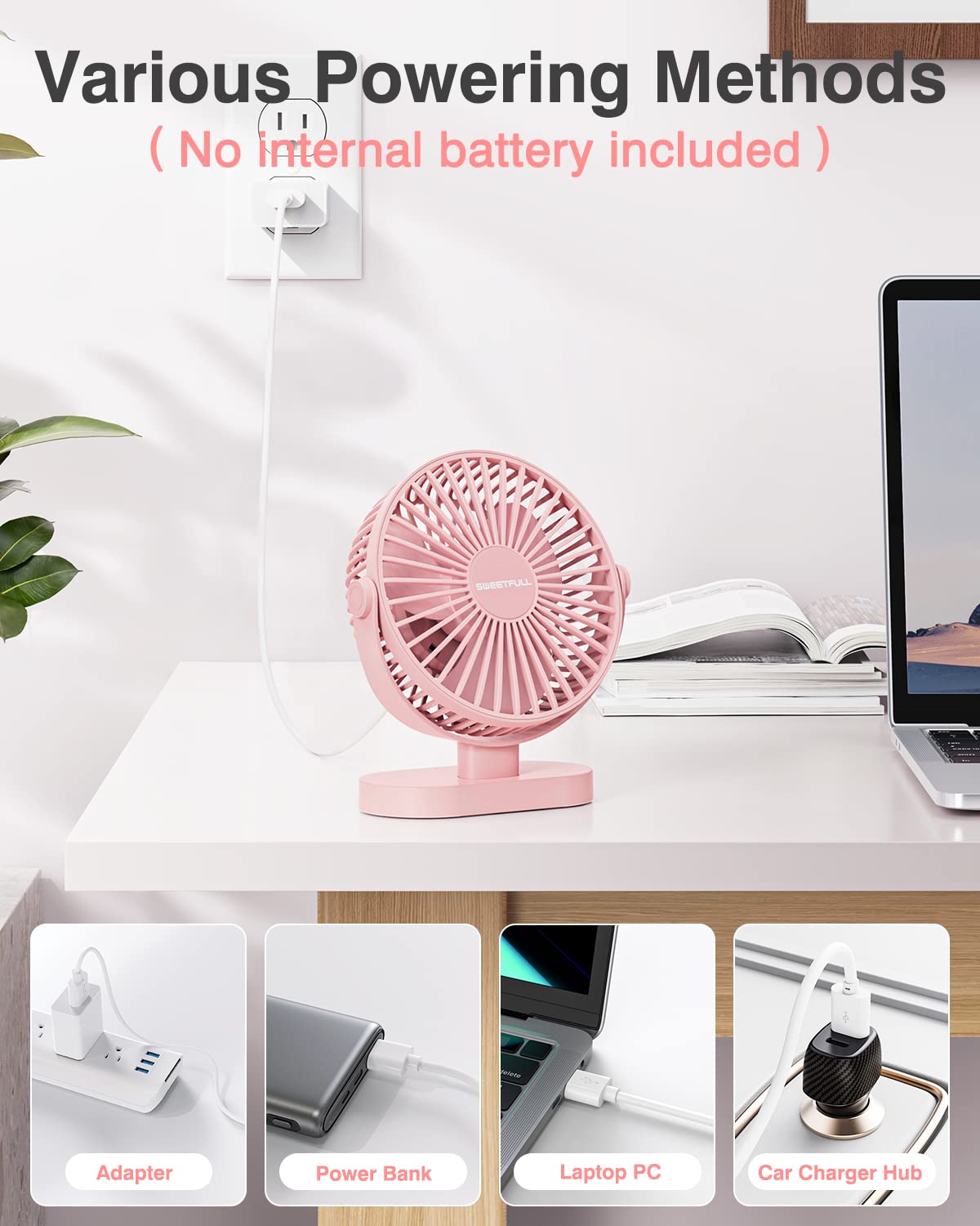 SWEETFULL Desk Fan USB Small Fan, 3 Speeds Portable Fan, 360° Rotate Personal Desktop Table Fan, Mini Fan Quiet Operation, for Home Office Car Outdoor Travel (Pink)