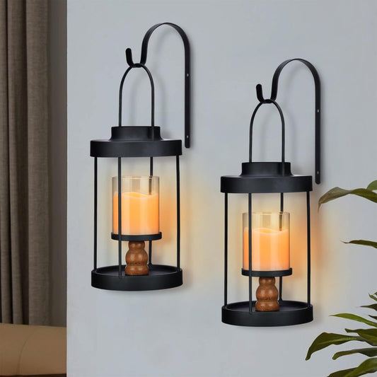 Metal Wall Sconce Candle Lantern Set of 2 - Black Wall Mounted Hanging Holder with Glass & Candles Vintage Wall Decor for Porch, Living Room, Dining Room, Bedroom Indoor Decor