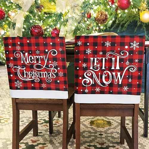 CCINEE 2pcs Christmas Chair Back Covers, Red and Black Buffalo Plaid Chair Slipcovers with Snowflake Xmas Chair Back Cover for Dining Room Kitchen Wedding Hotel Xmas Party Table Decor