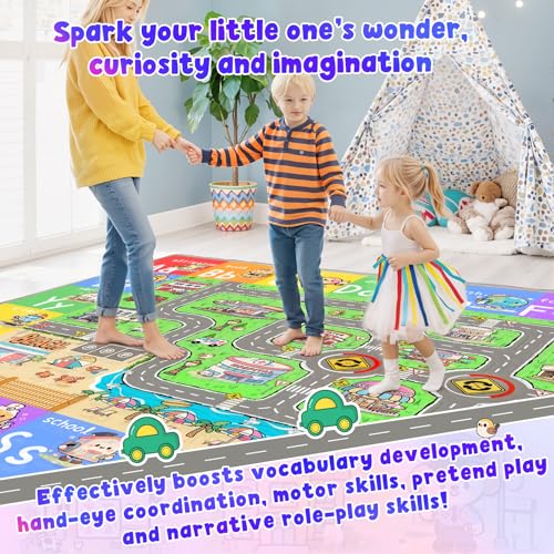 Town Road Kids Play Rug 8x10 ft - Educational City Map for Classroom & Playroom