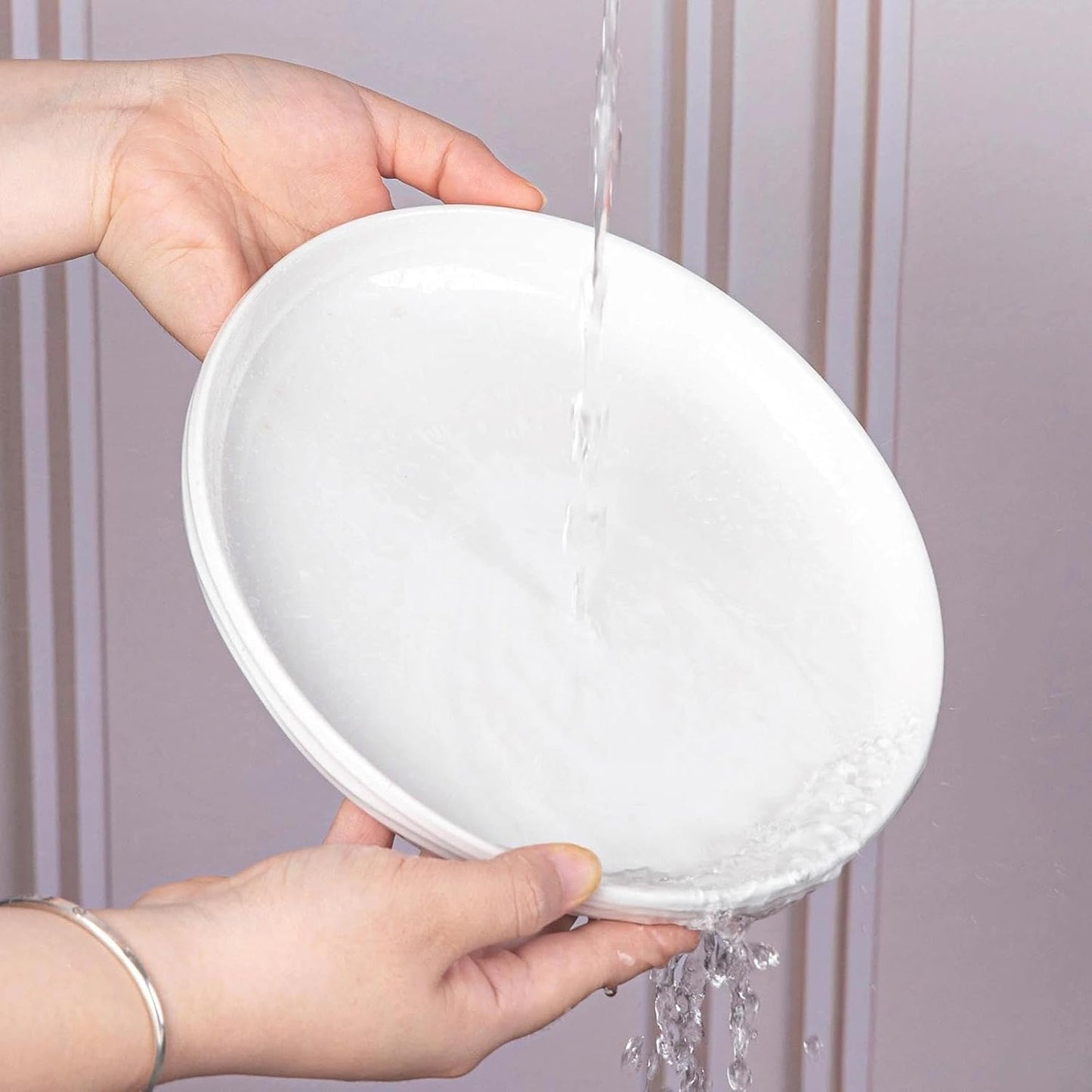 Skiennix White Salad Plates Set of 6 - 8 Inch Porcelain Dinner Plates | Ribbed Texture, Microwave & Dishwasher Safe