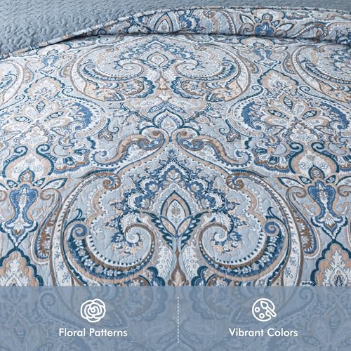 Paisley Blue-Gray Cotton Queen Size Quilt Set - Reversible Bedspread for All Seasons