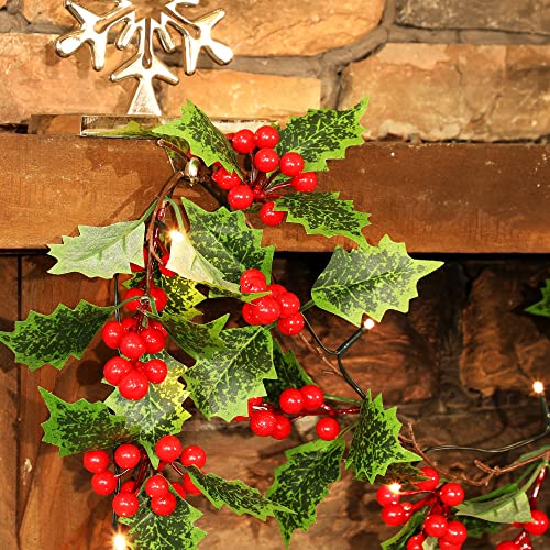 ATDAWN 7 FT Red Berry Christmas Lighted Garland, Battery Operated Christmas Garland with Lights, Flexible Artificial Garland for Indoor Home Fireplace Christmas Holiday New Year Decoration