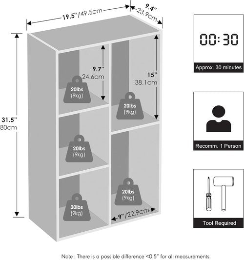 Furinno 5-Cube Closet Organizer - Reversible Storage Shelves for Bedroom | White, 9.4 x 19.5 x 31.5