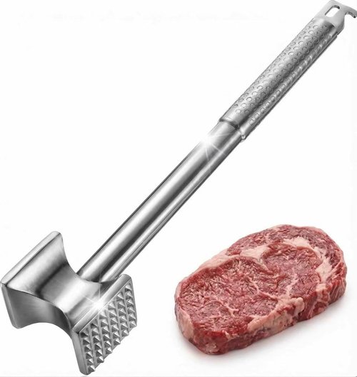 304 Stainless Steel Meat Tenderizer Mallet, Heavy Duty Dual-Sided Meat Hammer with Ergonomic Non-Slip Handle, Dishwasher Safe Kitchen Tool for Tenderizing Steak, Beef, Chicken & Pork