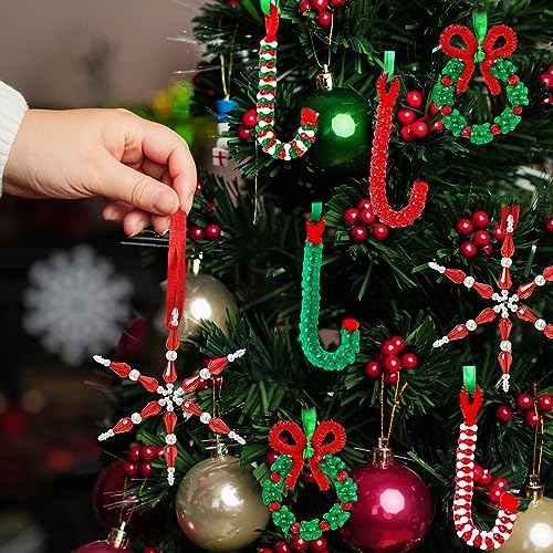 GYGOT Christmas Crafts for Adults,30 Sets Christmas Beaded Ornament Kit to Make-Incl. 6 PC Snowflake/12 PC Wreath/12 PC Candy Cane(Assembly Needed)