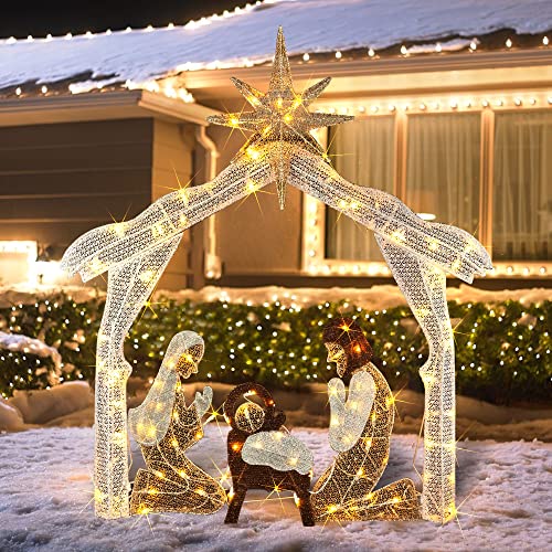 Hourleey 4ft Lighted Christmas Nativity Scene Outdoor Holiday Decor with Warm White Lights