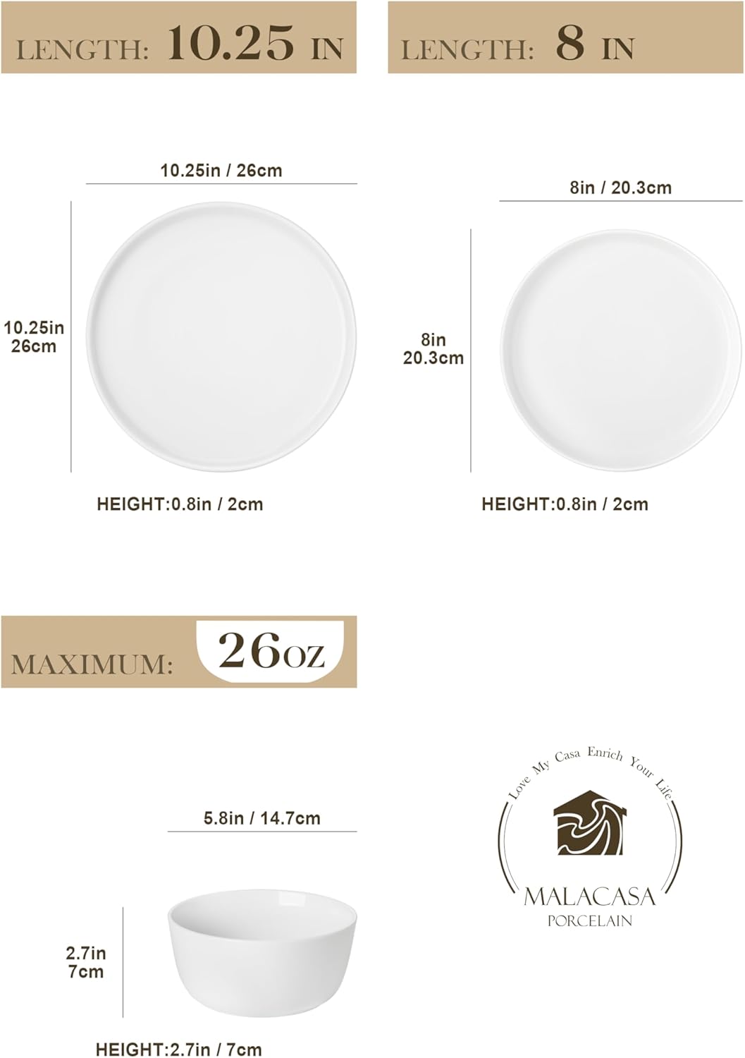 MALACASA 24-Piece Gourmet Porcelain Dinnerware Set - Premium Chip & Scratch Resistant Dishes for 8 | White LEXI Series