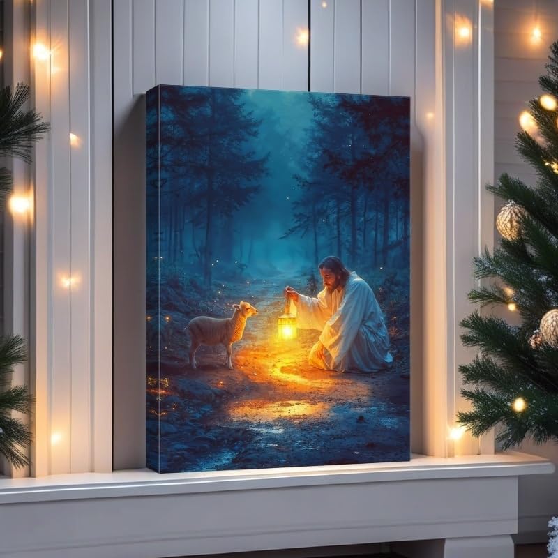 Ploceiny Christian Wall Art | Jesus Running After Lost Lamb Canvas Poster | 16" x 24" Home Decor