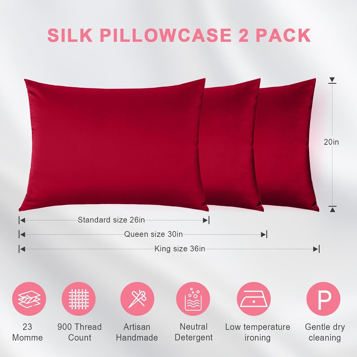 Skiennix 100% Silk Pillowcase Set - Premium 23 Momme Grade 6A+ Mulberry Silk for Hair & Skin | Red, Standard 20×26