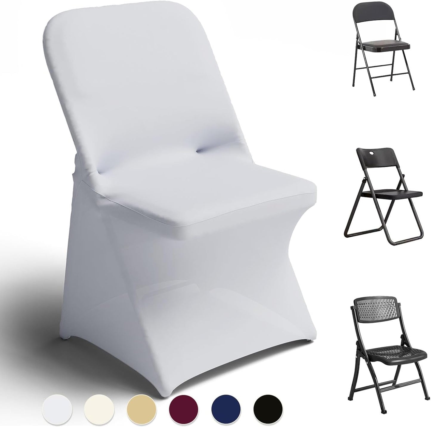 Trlyc Spandex Folding Chair Covers - 100 Pcs Universal Fitted Stretchy Slipcovers for Weddings | White