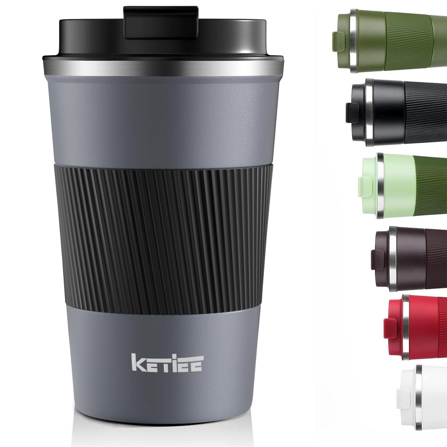 KETIEE Travel Coffee Mug Spill Proof 12oz, Insulated Reusable Coffee Cups with Seal Lid, Vacuum Stainless Steel Travel Mug to Go Car Tumbler for Hot/Iced Drinks (Grey)