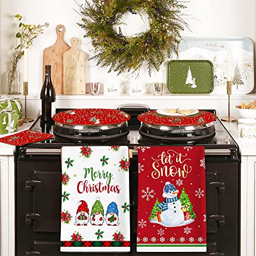 Christmas Kitchen Towels, Merry Christmas Towels Set of 2, Snowman Gnomes Red Black Buffalo Plaid Hand Dish Tea Towels for Bathroom Holiday Housewarming Gifts Decorations for Home (18x28 Inches)