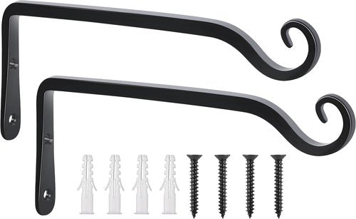 FEED GARDEN Wall Hooks for Hanging Plants - Heavy Duty Metal Brackets, 48 lbs Capacity, Rust Resistant Black | 10 Inch, 2 Pack