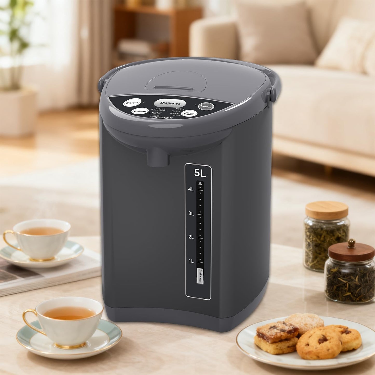 Rosewill Electric Water Boiler and Warmer - 5L/5.3 Qt Stainless Steel Hot Water Dispenser w/Rotating Base, Keep Warm Temperature Set, Auto Shut Off, Safety Lock - Gray