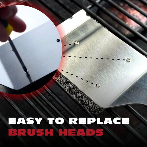 BBQ-AID Bristle Free Grill Brush - Large Wooden Handle & Replaceable Head for Scratch-Free BBQ Cleaning