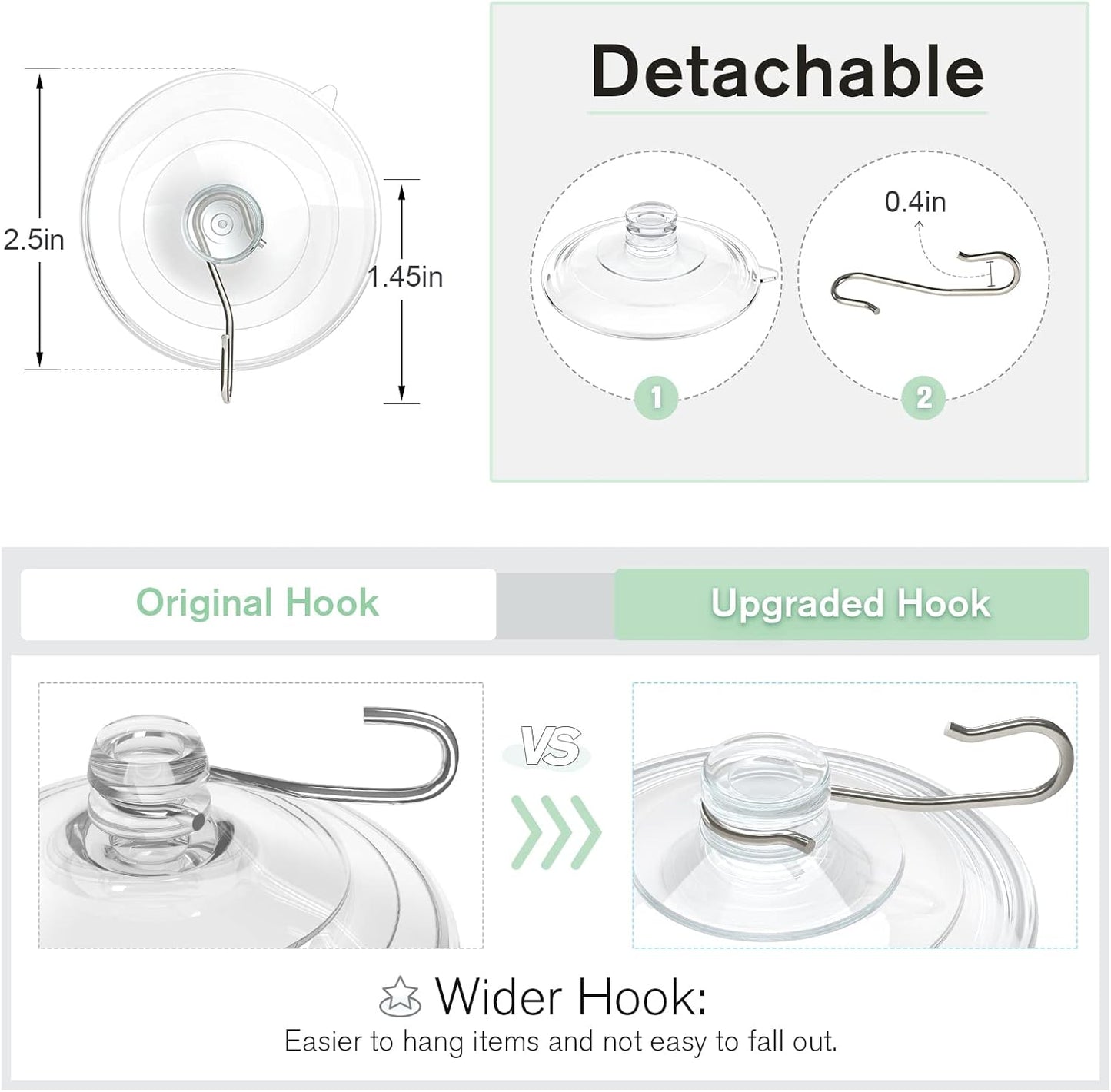 VIS'V Suction Cup Hooks - 2.5 Inch Large Clear Suction Cups with Metal Hooks | Removable & Reusable, 10 Pcs
