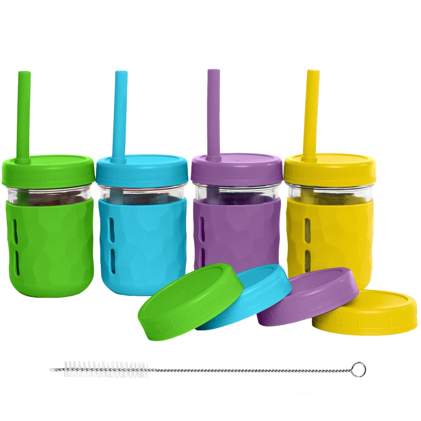 WeeSprout Glass Cups With Lids & Straws, Spill-Resistant Smoothie Cups for Toddlers & Kids, Baby Food Storage & Snack Jars, XL Silicone Straws, Easy-Grip Sleeves, 12 oz, Set of 4