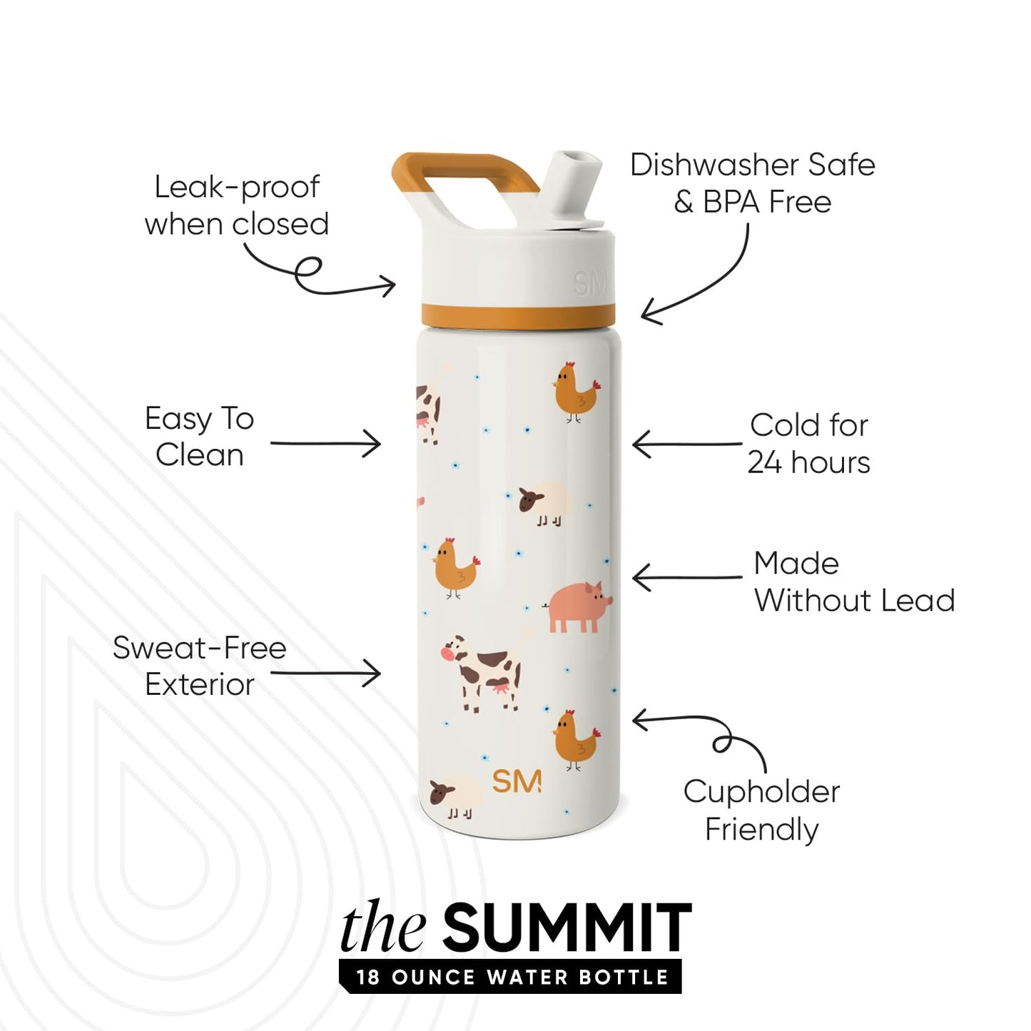 Simple Modern Kids Summit Water Bottle with Straw Lid | 18oz Stainless Steel Cup Insulated Tumbler for Toddlers, School | Farm Animals