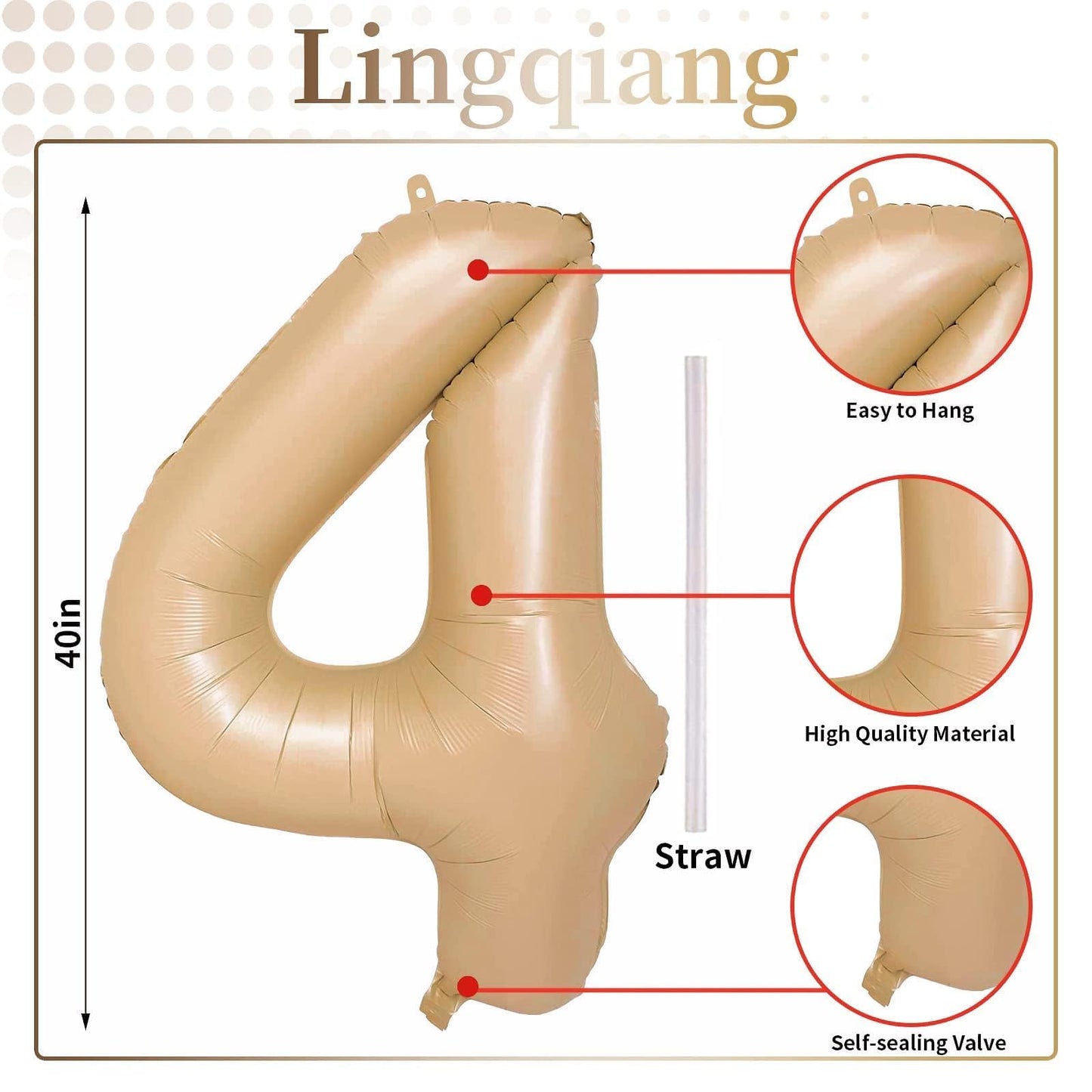 Nude Balloon Number 4, 40 Inch Large Self Inflating Brown Foil Number Balloons 0-9, Giant Apricot 4 Digital Helium Balloon for 4th 14th Girls Boys 40th Women Men Birthday Party Celebration Decorations