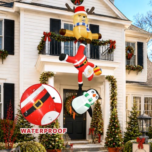 Joeyan 8ft Hanging Christmas Inflatable Santa with Reindeer & Penguin - Built-in LEDs, Roof, Balcony Decor (Variation: Santa & Reindeer Penguin)