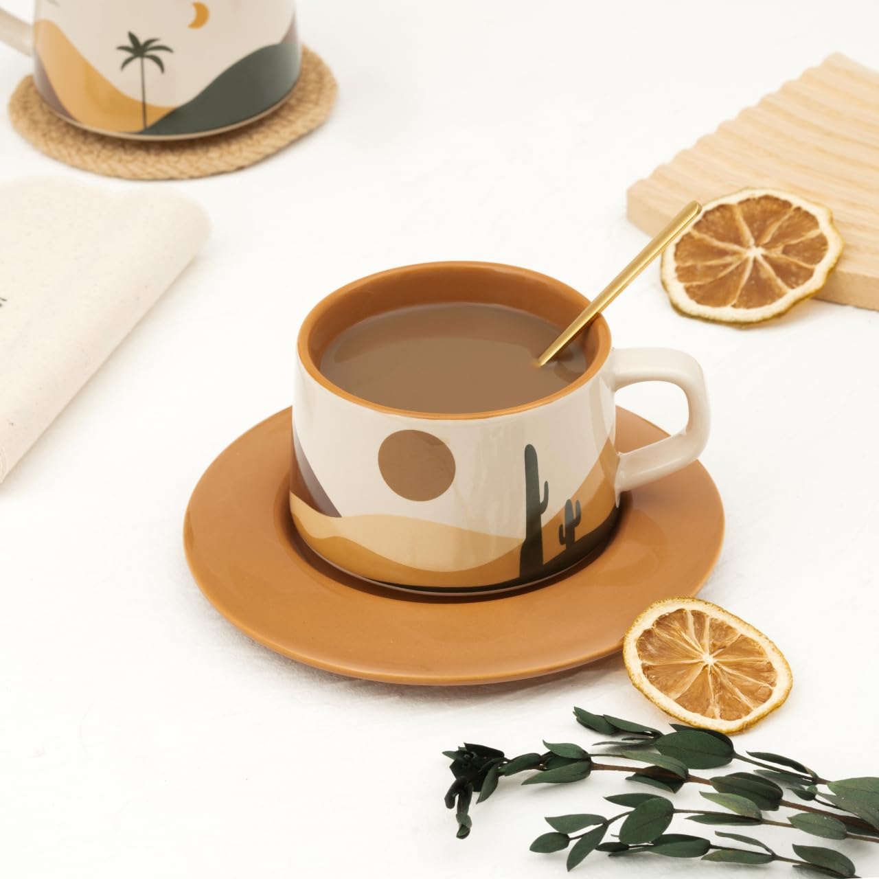 SHENDONG Latte Art Mugs Ceramic Coffee Sets of 2,Novely Tea Cups with Spoons,Creative Oasis series Mugs,250ml Coffee Cups for Cappuccino Latte Mocha,Gifts for Women and friends(Desert And Cactus)