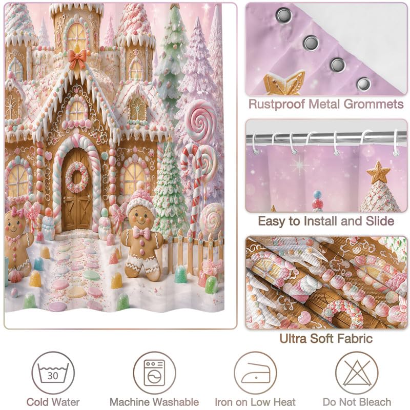 Pink Kahki Christmas Shower Curtain 72x78 Inch Winter Gingerbread House with Hooks