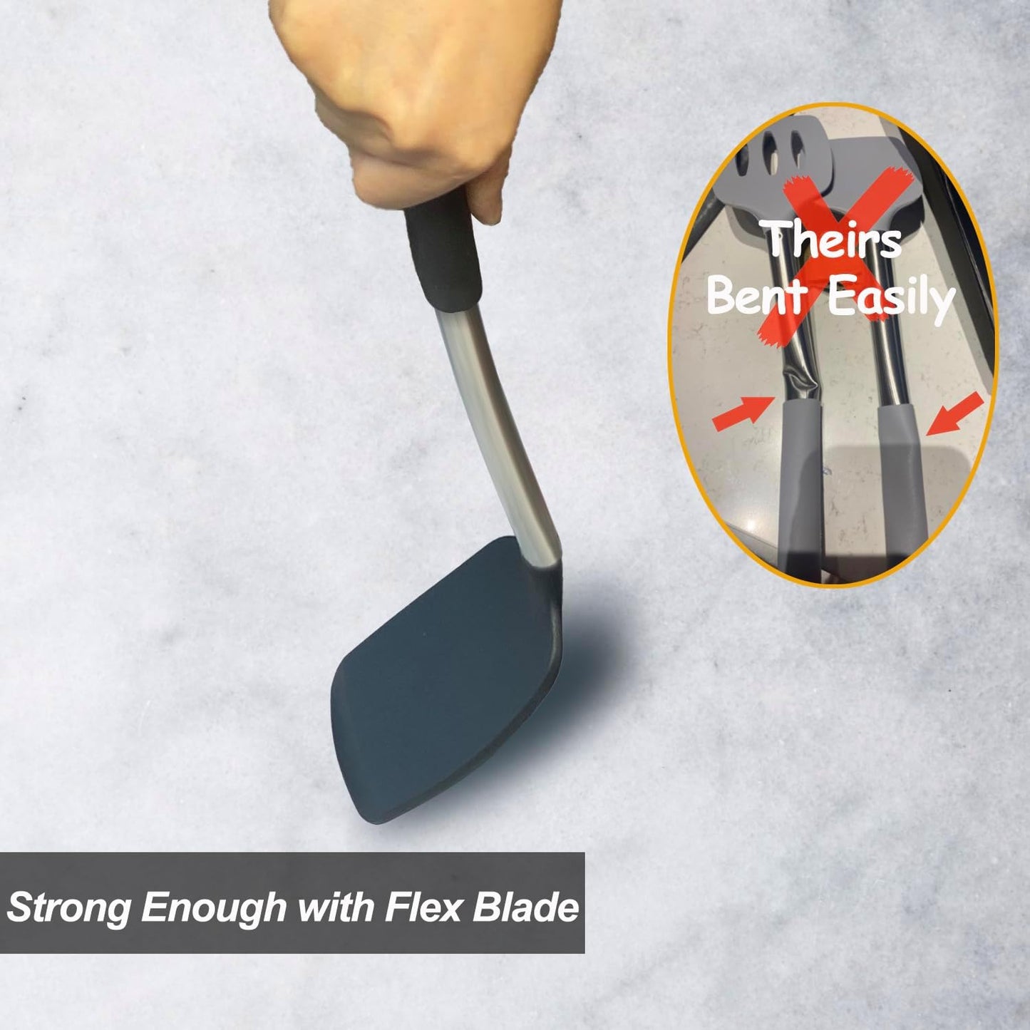 Skiennix Silicone Spatula Set - 2 Pack Solid & Slotted Turners with Stainless Steel Handles | Heat Resistant, Non-Stick, Black