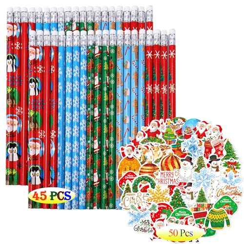 Merry Christmas Pencils for Kids Party Supplies Favors - 45PCS Pencils+50PCS Sticker Multicolored Snowman Santa Claus Christmas Tree Elk Stationery Pencil Office School Party Favors Decorations