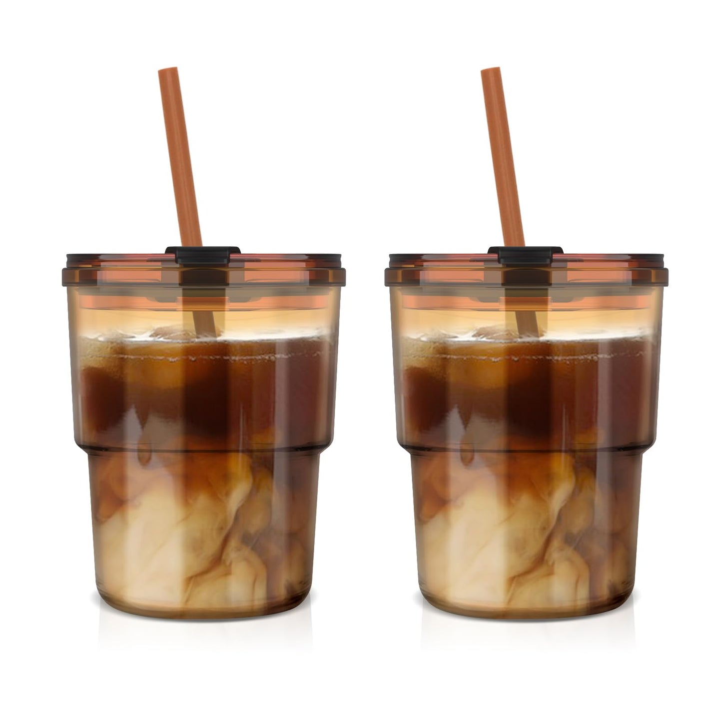 Luxfuel 13 oz Tumbler Water Glass Cups with Straw & Lid, Reusable Iced Coffee, Tea Cups, Leak-Proof Thick Wall Travel Glass Tumbler for Home, Office, Car Cup Holder Friendly, BPA Free (Amber, 2 Pack)