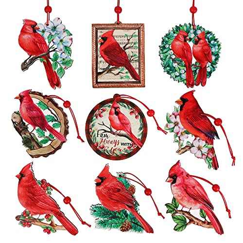 9pieces Red Cardinal Christmas Ornaments Wooden Cardinals Birds for Christmas Tree Ornament Decorations Memorial Gifts