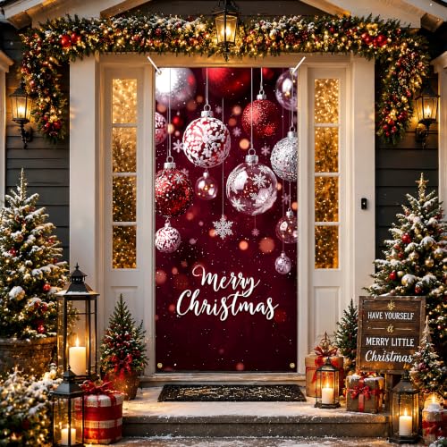 KKYEJLQYI Merry Christmas Door Banner 35x71 Burgundy Glitter Snowflake, Indoor Outdoor Xmas Decor - Merry Christmas-8