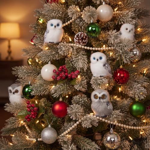 Sratte 24-Pack Christmas Owl Ornaments White and Brown Furry Decorations