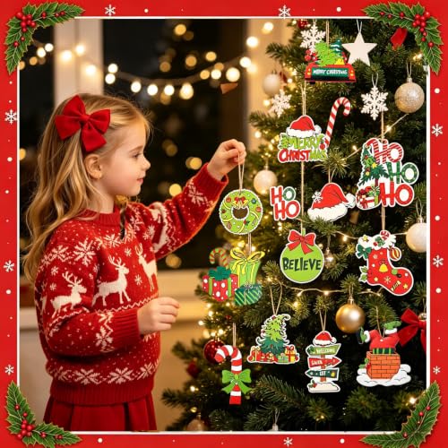 36Pcs Wooden Christmas Ornaments Set - 12 Retro Cartoon Styles Red & Green Indoor Holiday Decor