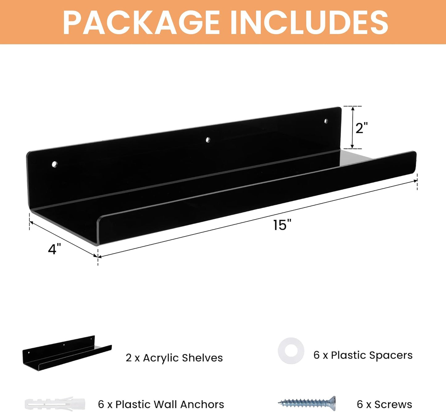 Upsimples Acrylic Wall Shelves - 15" Floating Display Shelf for Perfume & Books | Black, 2 Pack