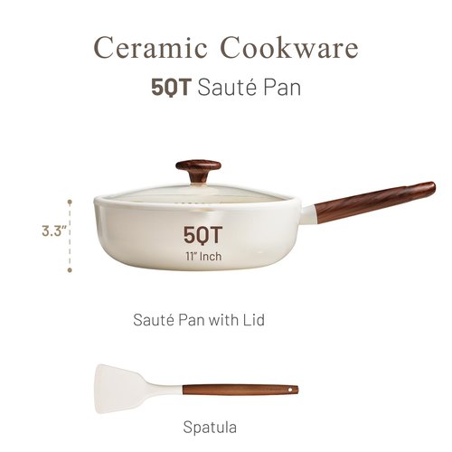 CAROTE Nonstick Frying Pan Skillet with Lid, 11" Ceramic Coating Deep Frying Pan, 5QT Saute Pan with Colander Lid and Spatula, Non-toxic Healthy PFOA Free, Induction Compatible, Cream White